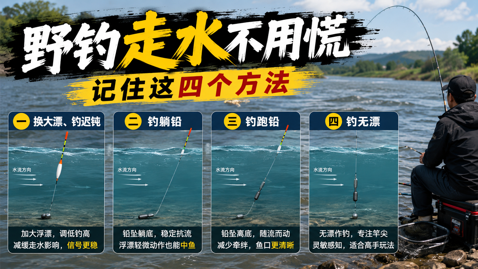 野钓走水不用慌，记住这四个方法